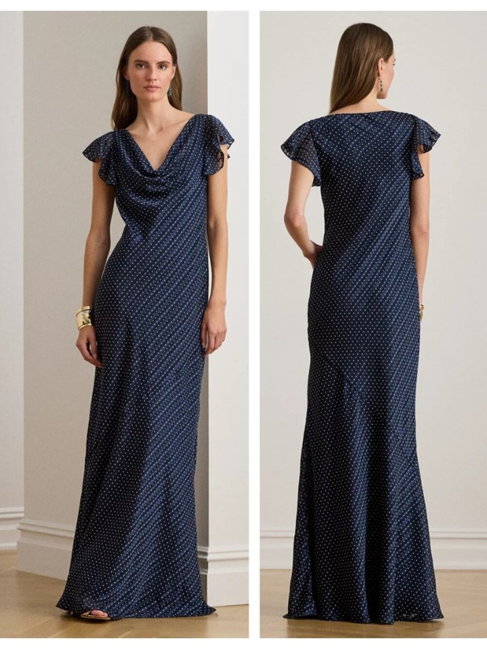 Lauren Ralph Lauren Lusita Burnout Cowl Neck Polka Dot Gown